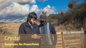  Presentation with walkie talkie - Slide deck with african-and-caucasian-man background and a coral colored foreground