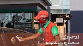  Presentation with gas station - Audience pleasing presentation theme consisting of african-attendant-at-a-gas backdrop and a tawny brown colored foreground