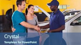  Presentation with auto - Audience pleasing PPT theme consisting of african auto technician handshaking with young couple in garage backdrop and a ocean colored foreground