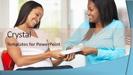  Presentation with baby shower gifts - Beautiful presentation design featuring african baby shower - two women sitting on sofa backdrop and a coral colored foreground