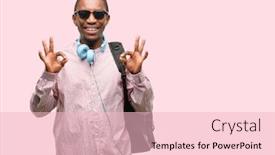  Presentation with relaxation - Slide set consisting of african black man student doing ok sign gesture with both hands expressing meditation and relaxation background and a lemonade colored foreground