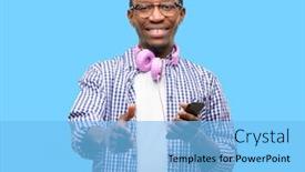  Presentation with trust - Slide deck with african black man student with smartphone holds hands welcoming in handshake pose expressing trust and success concept greeting background and a light blue colored foreground