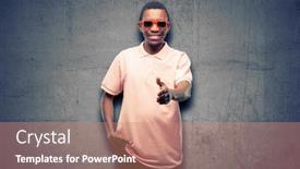  Presentation with trust - Audience pleasing PPT theme consisting of african black man wearing sunglasses holds hands welcoming in handshake pose expressing trust and success concept greeting backdrop and a coral colored foreground