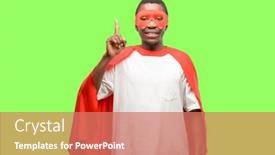  Presentation with wow - Slide deck with african black super hero man happy and surprised cheering expressing wow gesture pointing up background and a coral colored foreground