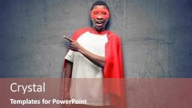  Presentation with super man - Cool new PPT theme with african black super hero man pointing away side with finger backdrop and a coral colored foreground