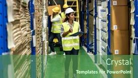  Presentation with warehouse - Colorful presentation design enhanced with african-black-warehouse-manager-working backdrop and a ocean colored foreground