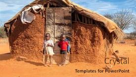  Presentation with hut - Beautiful PPT theme featuring african-boy-and-a-girl backdrop and a gold colored foreground
