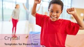  Presentation with physical education - Cool new PPT layouts with african-boy-is-looking-forward backdrop and a red colored foreground