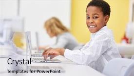  Presentation with computer science google crawler - Audience pleasing PPT theme consisting of african boy learns computer science backdrop and a sky blue colored foreground