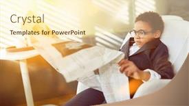  Presentation with office newspaper - Slide set featuring african-business-kid-reading background and a cream colored foreground
