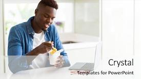  Presentation with food delivery - Colorful PPT theme enhanced with african business man eating delivery backdrop and a  colored foreground