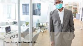  Presentation with face mask - Presentation theme featuring african-business-man-with-face background and a mint green colored foreground