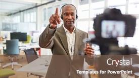  Presentation with business coaching - Beautiful PPT theme featuring african-business-man-with-headset backdrop and a tawny brown colored foreground
