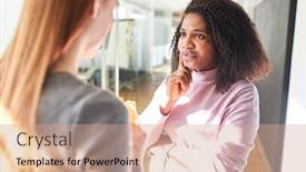  Presentation with woman business - Slide deck with african-business-woman-listens-critically background and a coral colored foreground