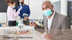  Presentation with office cleaning - Presentation theme consisting of african-businessman-disinfecting-with-mask background and a coral colored foreground