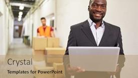  Presentation with warehouse - Audience pleasing PPT layouts consisting of african-businessman-in-warehouse-using backdrop and a coral colored foreground