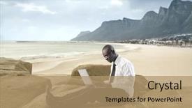  Presentation with cosmic african - Amazing theme having african businessman using a laptop backdrop and a coral colored foreground