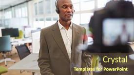  Presentation with interview - Presentation theme enhanced with african-businessman-with-headset-recording background and a tawny brown colored foreground