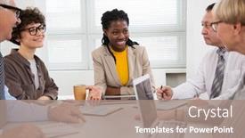  Presentation with new office - PPT theme having african-businesswoman-explains-to-colleague background and a coral colored foreground