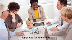  Presentation with new office - Audience pleasing slide set consisting of african-businesswoman-explains-to-colleague backdrop and a coral colored foreground