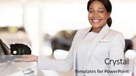  Presentation with vehicles - Beautiful PPT theme featuring african car saleswoman presenting new backdrop and a light gray colored foreground