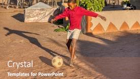  Presentation with dirt - Presentation theme featuring african-child-playing-soccer background and a coral colored foreground