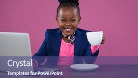  Presentation with laptop - PPT theme with african children - portrait of happy businesswoman background and a ocean colored foreground