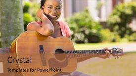  Presentation with college campus - Audience pleasing PPT layouts consisting of african college girl practicing guitar backdrop and a  colored foreground