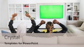  Presentation with green screen - Beautiful PPT theme featuring african couple sitting on sofa watching tv together chroma green screen woman wearing islamic hijab clothes backdrop and a light gray colored foreground