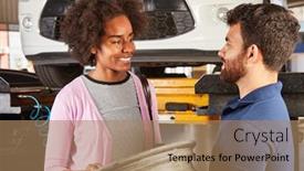  Presentation with wheel - PPT theme having african-customer-and-mechanic background and a coral colored foreground