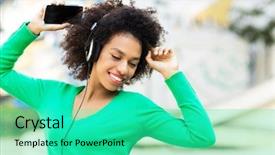  Presentation with american music - Presentation with african dance - afro-american woman listening to music background and a cyan colored foreground