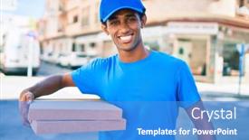  Presentation with courier delivery - Audience pleasing presentation theme consisting of african-delivery-man-wearing-courier backdrop and a teal colored foreground