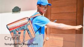  Presentation with courier delivery - Slides with african-delivery-man-wearing-courier background and a coral colored foreground