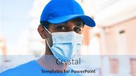  Presentation with courier delivery - Presentation theme having african-delivery-man-wearing-courier background and a light blue colored foreground