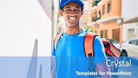  Presentation with courier delivery - Presentation theme consisting of african-delivery-man-wearing-courier background and a teal colored foreground