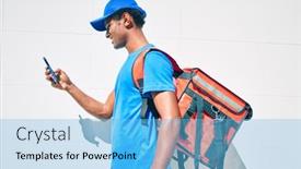  Presentation with courier delivery - Colorful presentation enhanced with african-delivery-man-wearing-courier backdrop and a light blue colored foreground