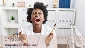  Presentation with normal - PPT theme having african-dentist-woman-holding-electric background and a coral colored foreground