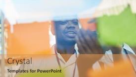  Presentation with sticky notes - Amazing presentation design having african doctor looks curiously at sticky notes with ideas in brainstorming seminar backdrop and a yellow colored foreground