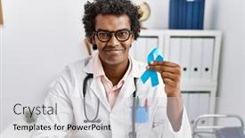  Presentation with doctor african - PPT theme with african-doctor-man-holding-blue background and a light gray colored foreground