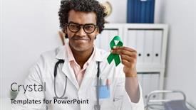  Presentation with ribbon green - PPT theme with african-doctor-man-holding-support background and a light gray colored foreground