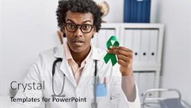  Presentation with ribbon green - PPT theme with african-doctor-man-holding-support background and a light gray colored foreground
