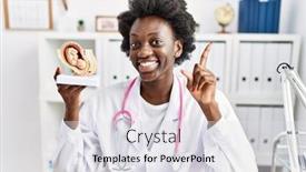  Presentation with doctor african - Theme enhanced with african-doctor-woman-holding-anatomical background and a light gray colored foreground
