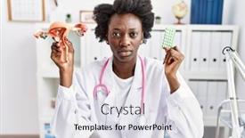  Presentation with doctor african - PPT theme having african-doctor-woman-holding-anatomical background and a sky blue colored foreground