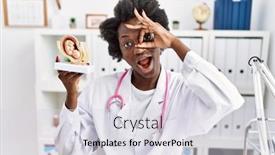  Presentation with doctor african - Slide set enhanced with african-doctor-woman-holding-anatomical background and a sky blue colored foreground