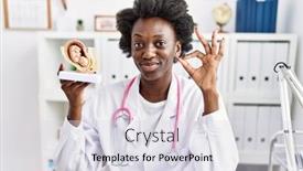  Presentation with uterus - Presentation consisting of african-doctor-woman-holding-anatomical background and a sky blue colored foreground