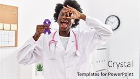  Presentation with doctor african - Presentation theme consisting of african-doctor-woman-holding-purple background and a white colored foreground
