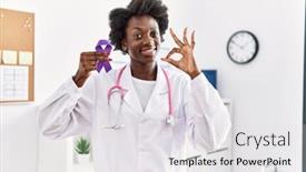  Presentation with medical sign - Presentation featuring african-doctor-woman-holding-purple background and a light gray colored foreground