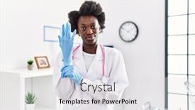  Presentation with latex gloves - Presentation design enhanced with african-doctor-woman-wearing-latex background and a light gray colored foreground