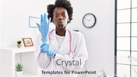  Presentation with latex gloves - PPT layouts having african-doctor-woman-wearing-latex background and a sky blue colored foreground
