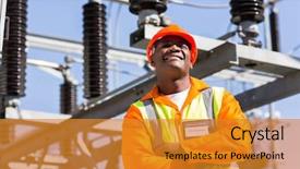  Presentation with electricity power plant - Presentation consisting of african electrical engineer with arms background and a gold colored foreground